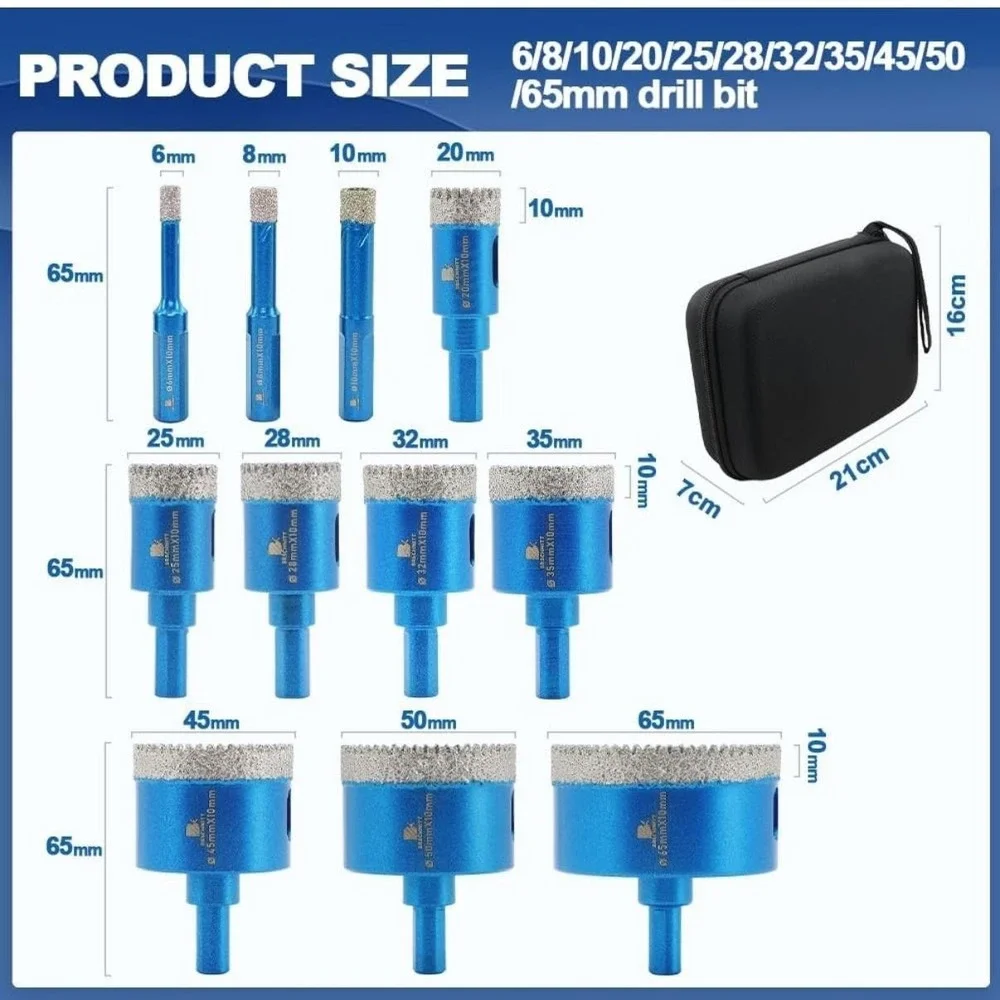 ZNXIMER Diamond Hole Saw Core Drill Bit 11 Piece‎ Set 6-65mm Blue Tile Ceramic